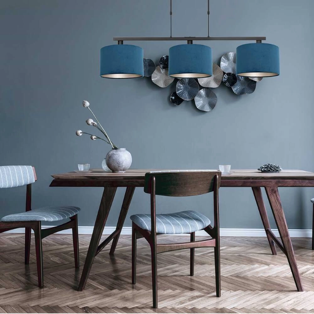 Zwarte hanglamp Stang met blauwe velours kappen Steinhauer 8712746165807