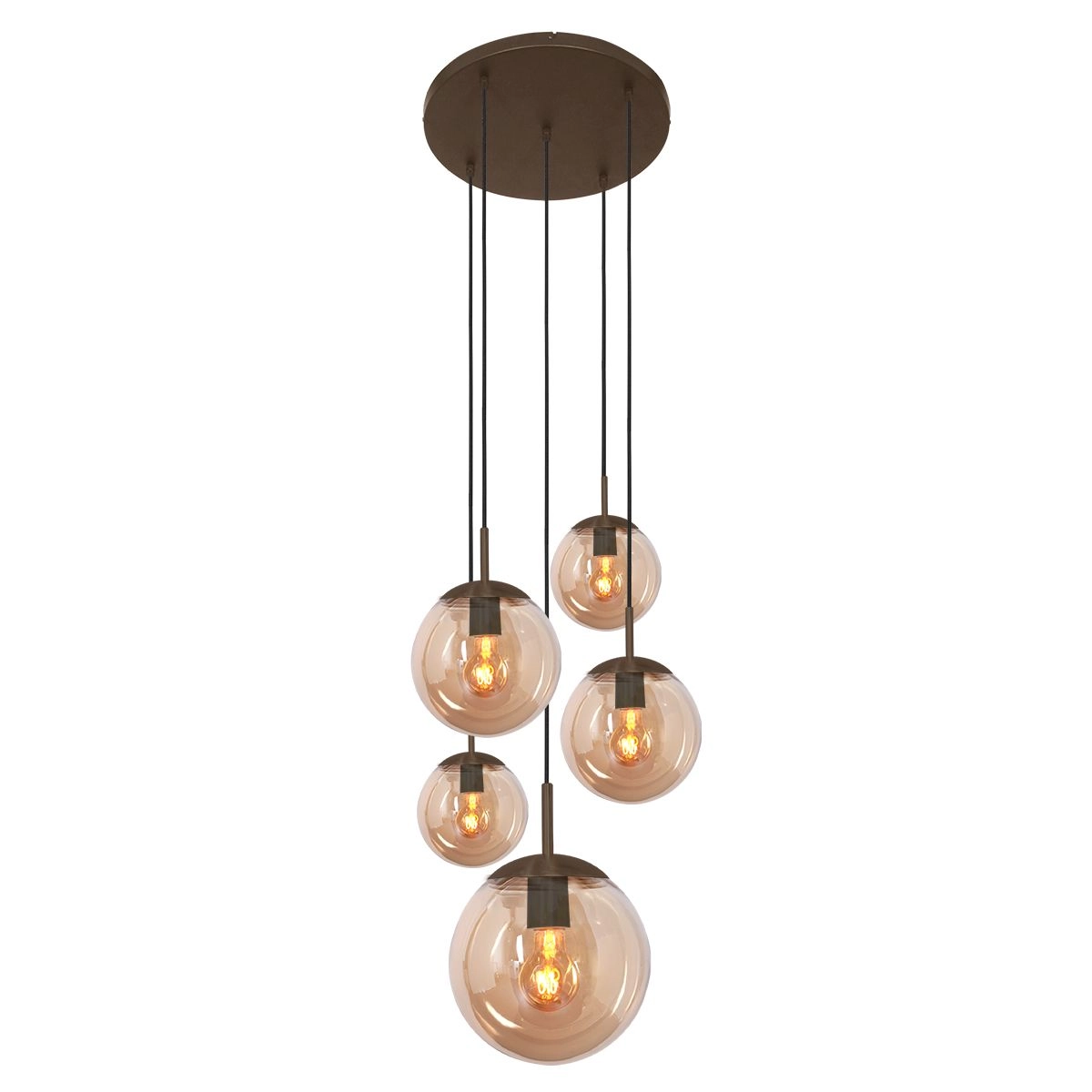 5-lichts vide hanglamp Bollique cacao met amber glas