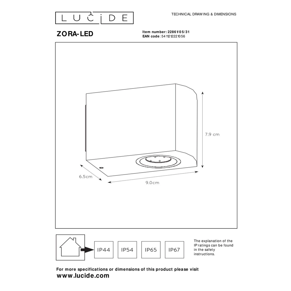 Design wandspot Zora-Led down wit Lucide 5411212221056