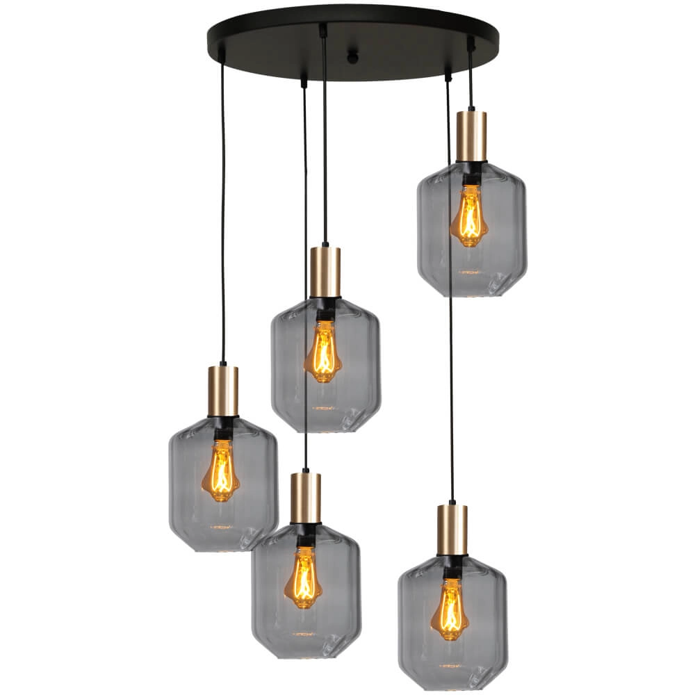 5-lichts vide hanglamp - goud - Porto met Jagger smoke glazen