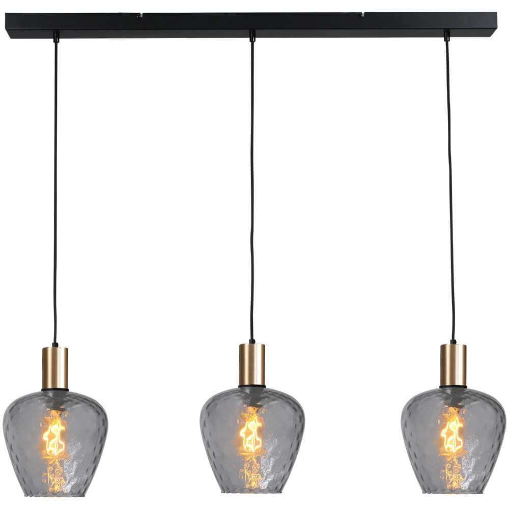 3-lichts hanglamp - goud - Porto met Diamond smoke glazen 3-lichts hanglamp - goud - Porto met Diamond smoke glazen