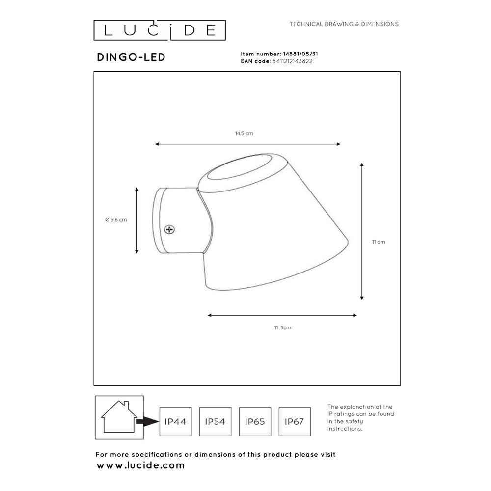 Wandspot Dingo-Led IP44 wit Lucide 5411212143822