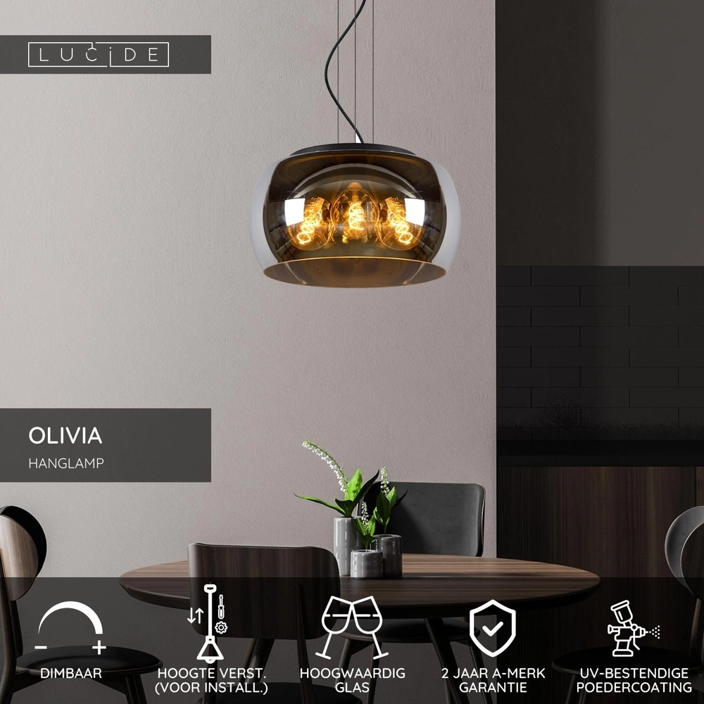 Design hanglamp Olivia Ø 40cm zwart met smoke glas Lucide 5411212452092