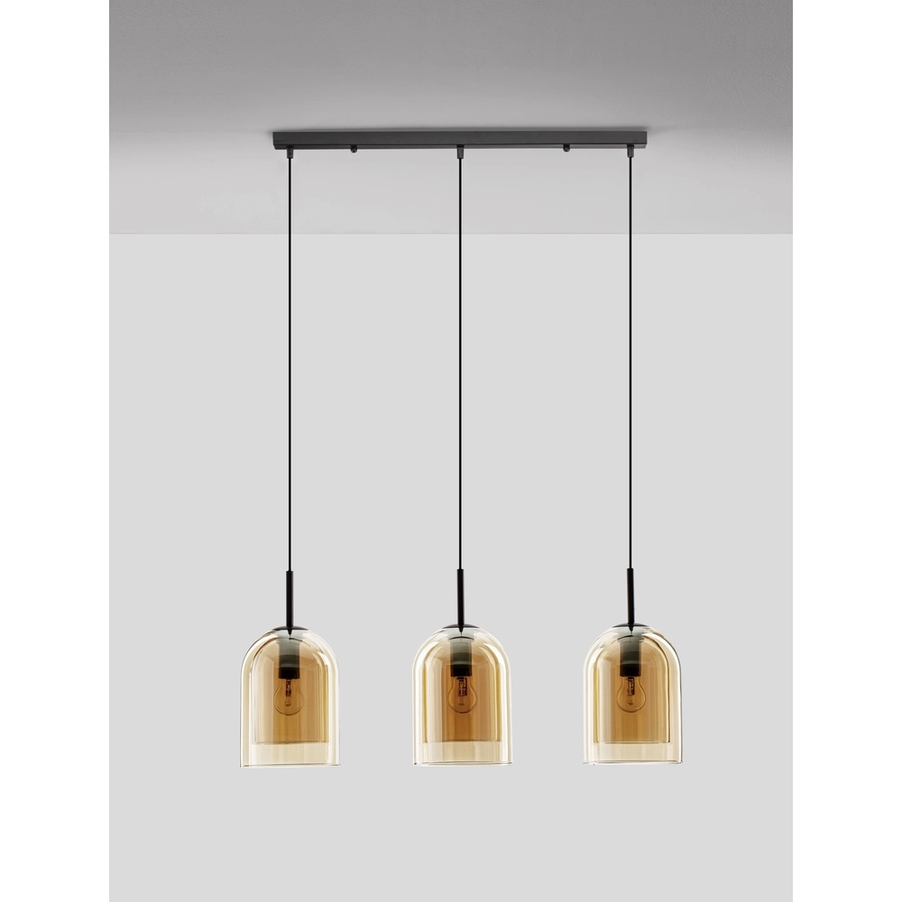 Hanglamp Velor 3-lichts zwart met amber glas recht Lyora 5212017431226