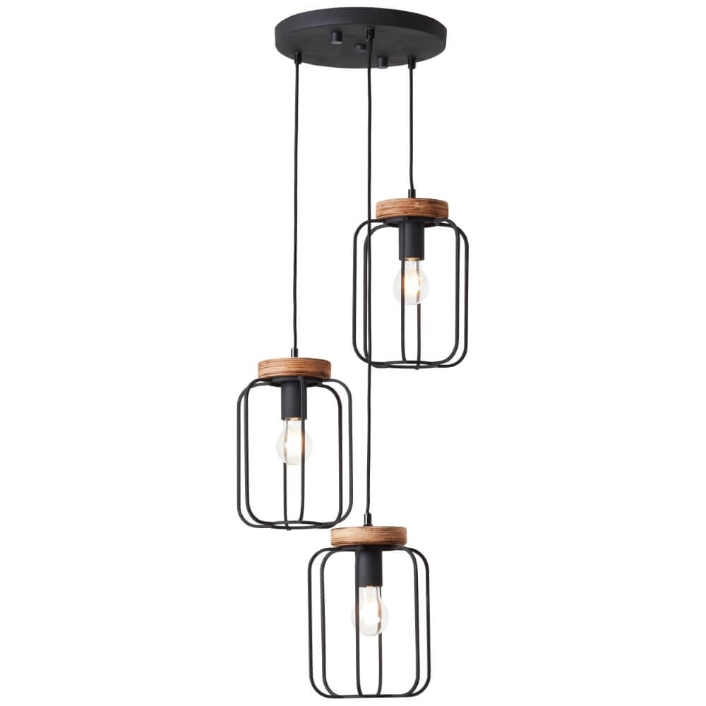 Hanglamp Tosh Disk 3-lichts zwart met houtbruin Hanglamp Tosh Disk 3-lichts zwart met houtbruin