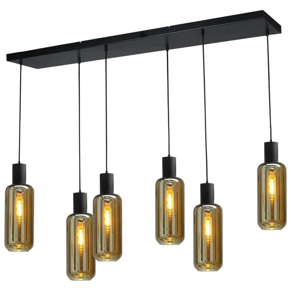 Zwarte hanglamp eetkamer Bounty 6-lichts cilindrisch glas