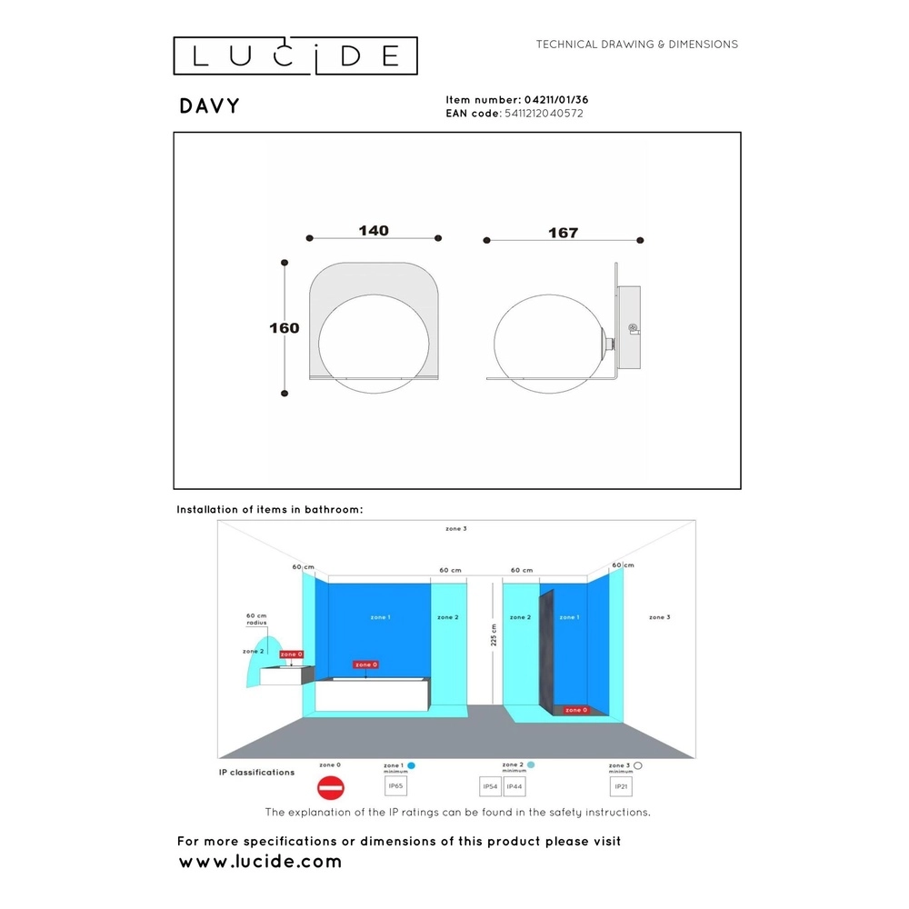Design wandlamp Davy grijs geschikt voor badkamer Lucide 5411212040572