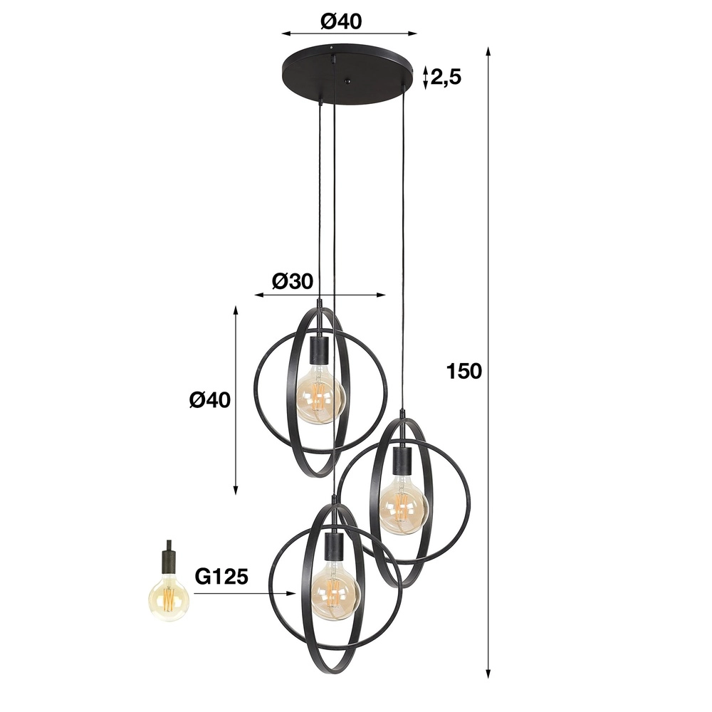 3-lichts hanglamp eettafel Turn Ø 40cm - charcoal - excl E27 Lyora 8716803513143