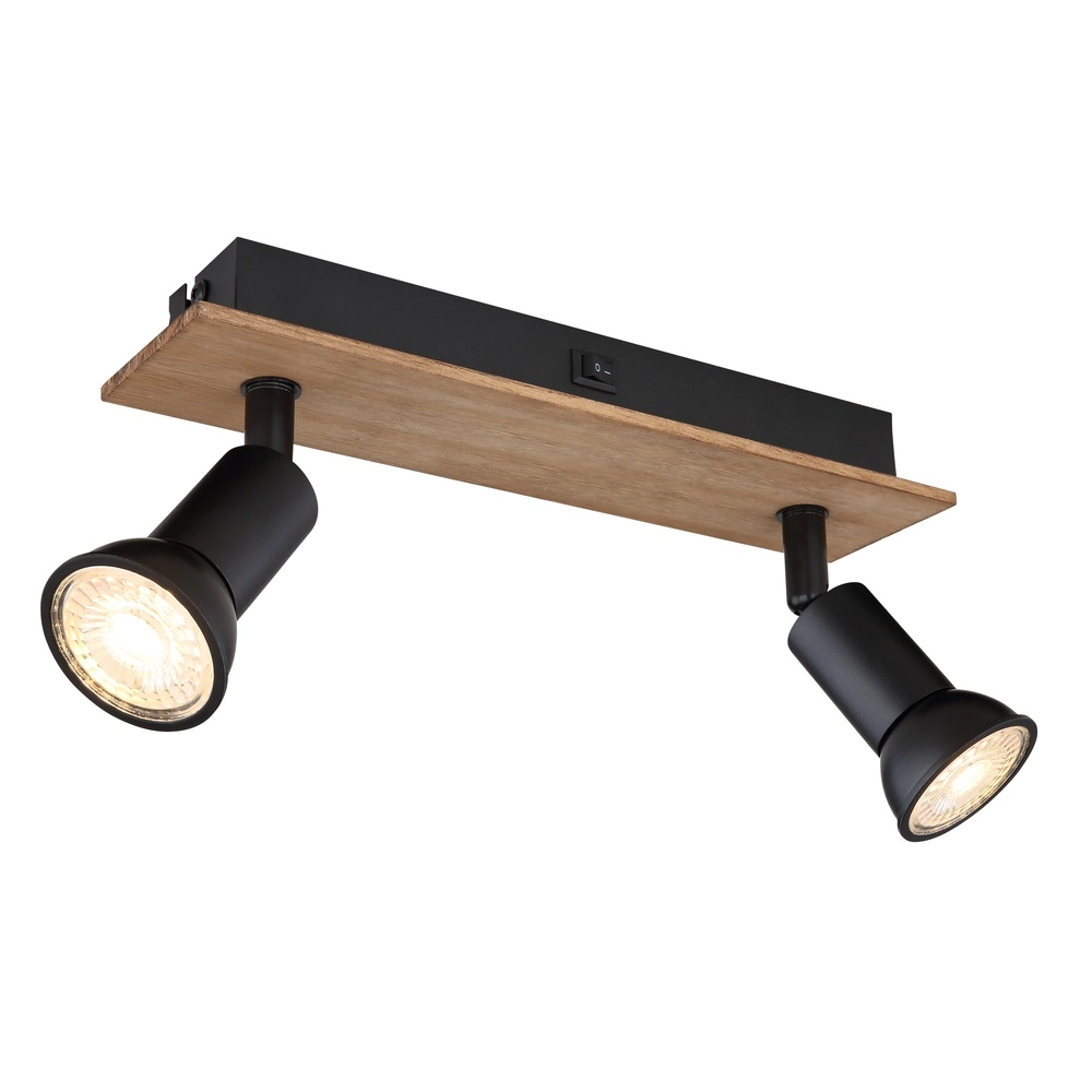 Plafondspot Drew zwart met hout 2-lichts