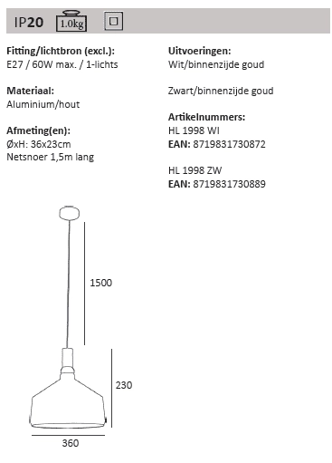 Wit met gouden hanglamp Cornet Artdelight 8719831730872