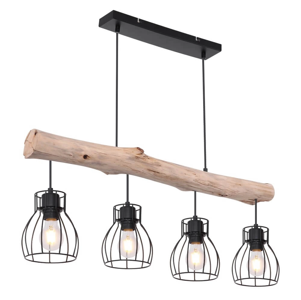 Landelijke hanglamp Mina zwart met hout 4-lichts Landelijke hanglamp Mina zwart met hout 4-lichts