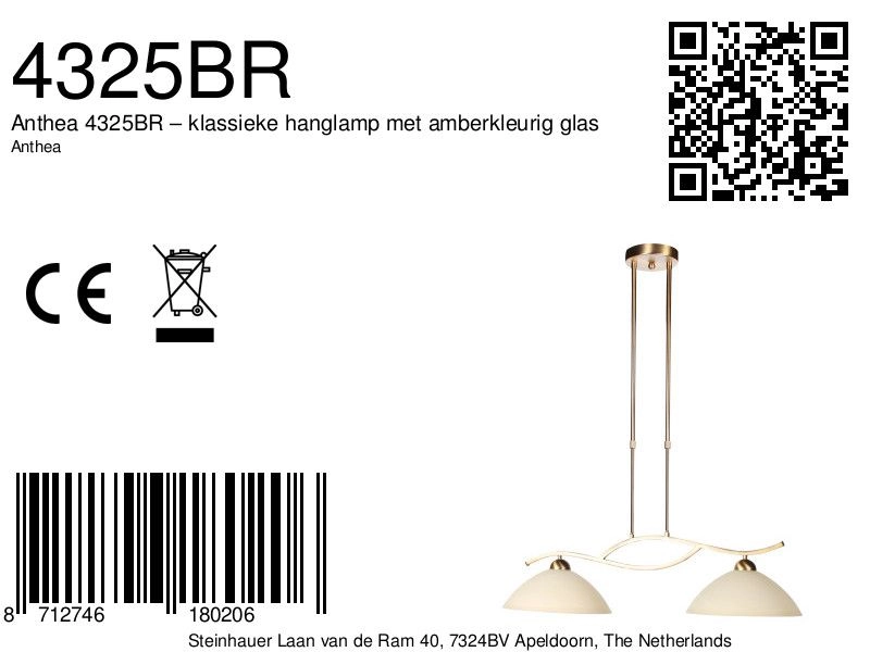 Klassieke hanglamp Anthea 2-lichts brons Steinhauer 8712746180206