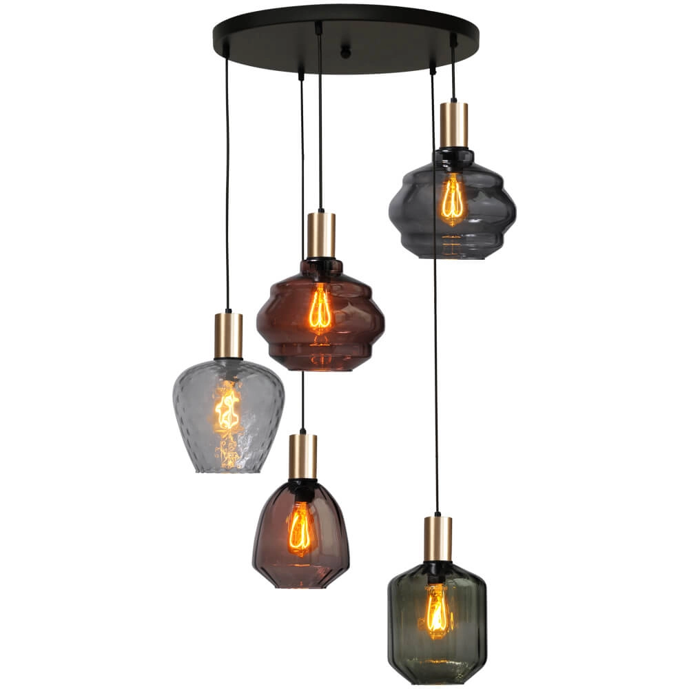 5-lichts vide hanglamp - goud - Porto met verschillende glazen