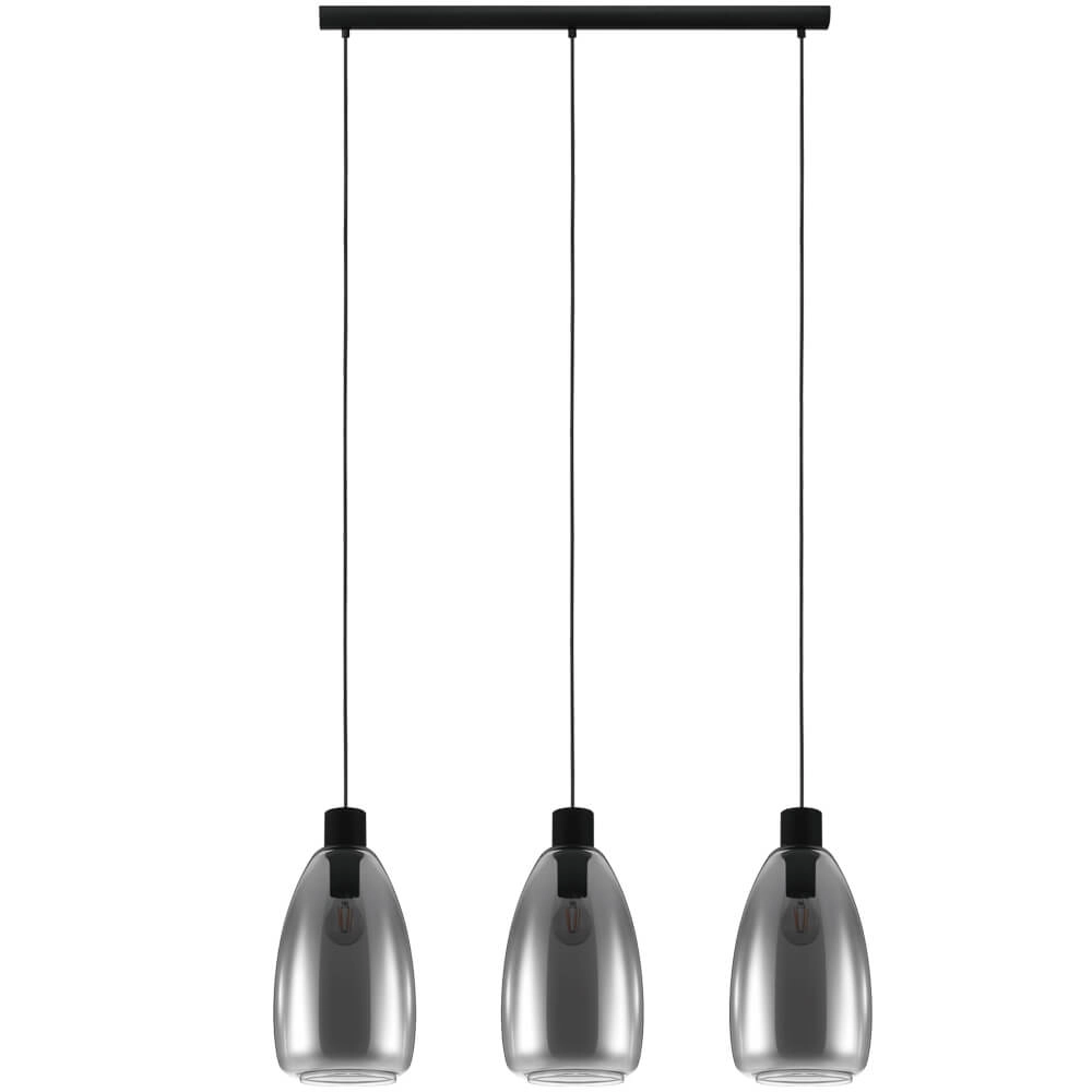 Glazen hanglamp Chelvey 3-lichts zwart met smoke glas