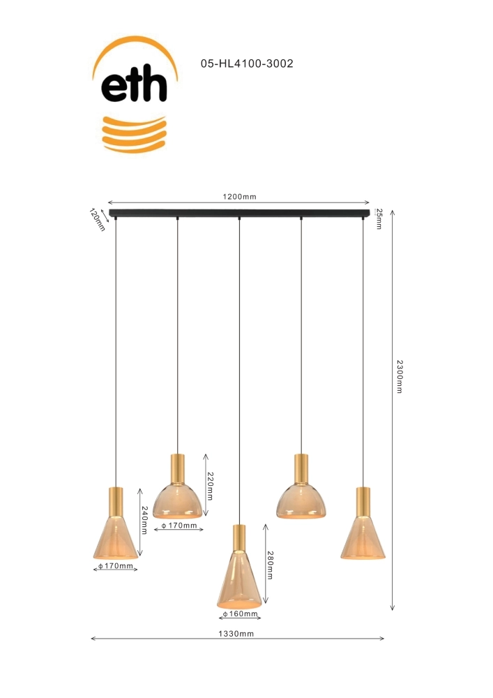 Eetkamer hanglamp Lisa goud met amber glas ETH 8720195310198