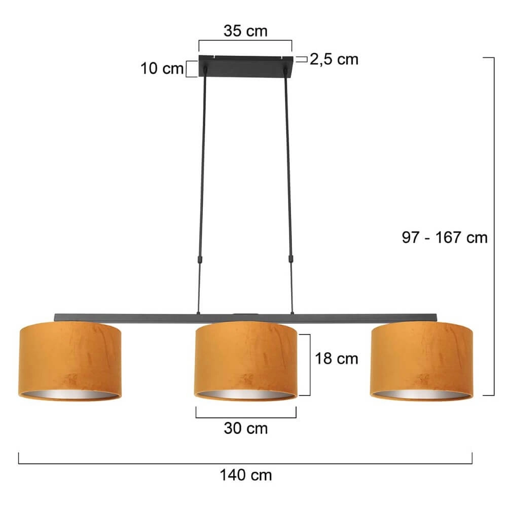 Zwarte hanglamp Stang met gouden velours kappen Steinhauer 8712746165760