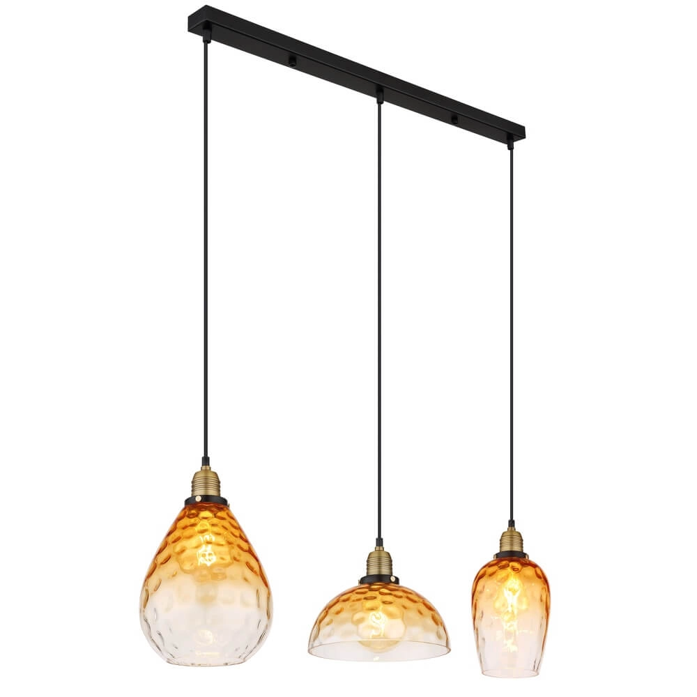 3-lichts hanglamp Salvy amber glas honinggraat 3-lichts hanglamp Salvy amber glas honinggraat