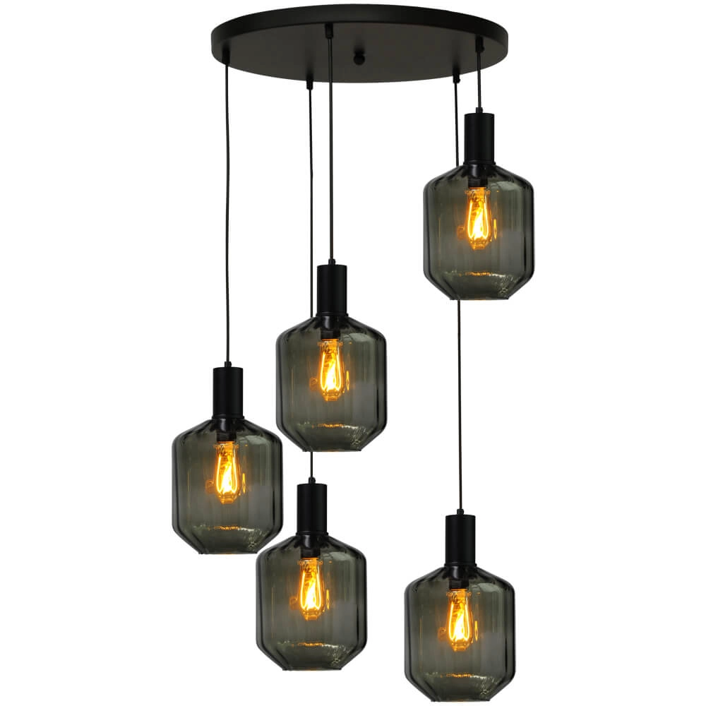 5-lichts vide hanglamp - zwart - Porto met Jagger green glazen