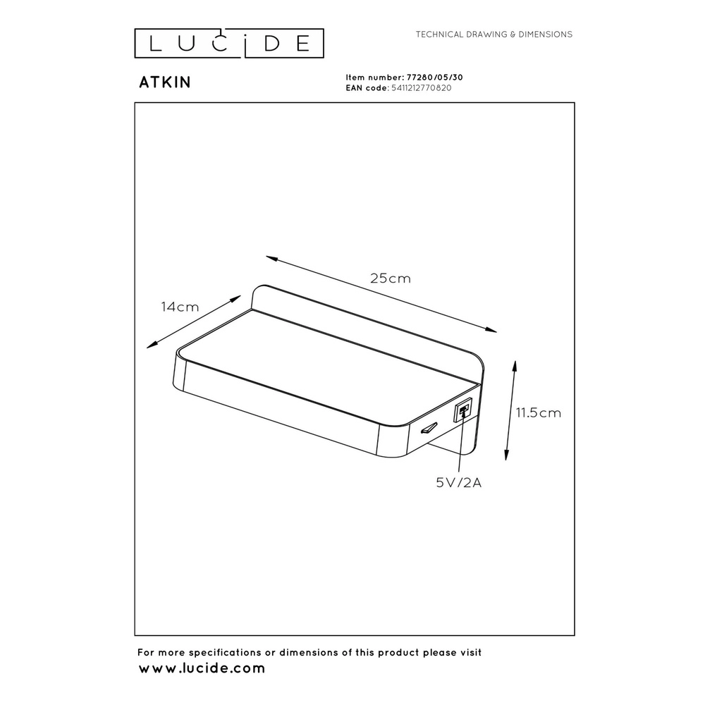 Bedlampje Atkin met USB oplaadpunt zwart Lucide 5411212770820