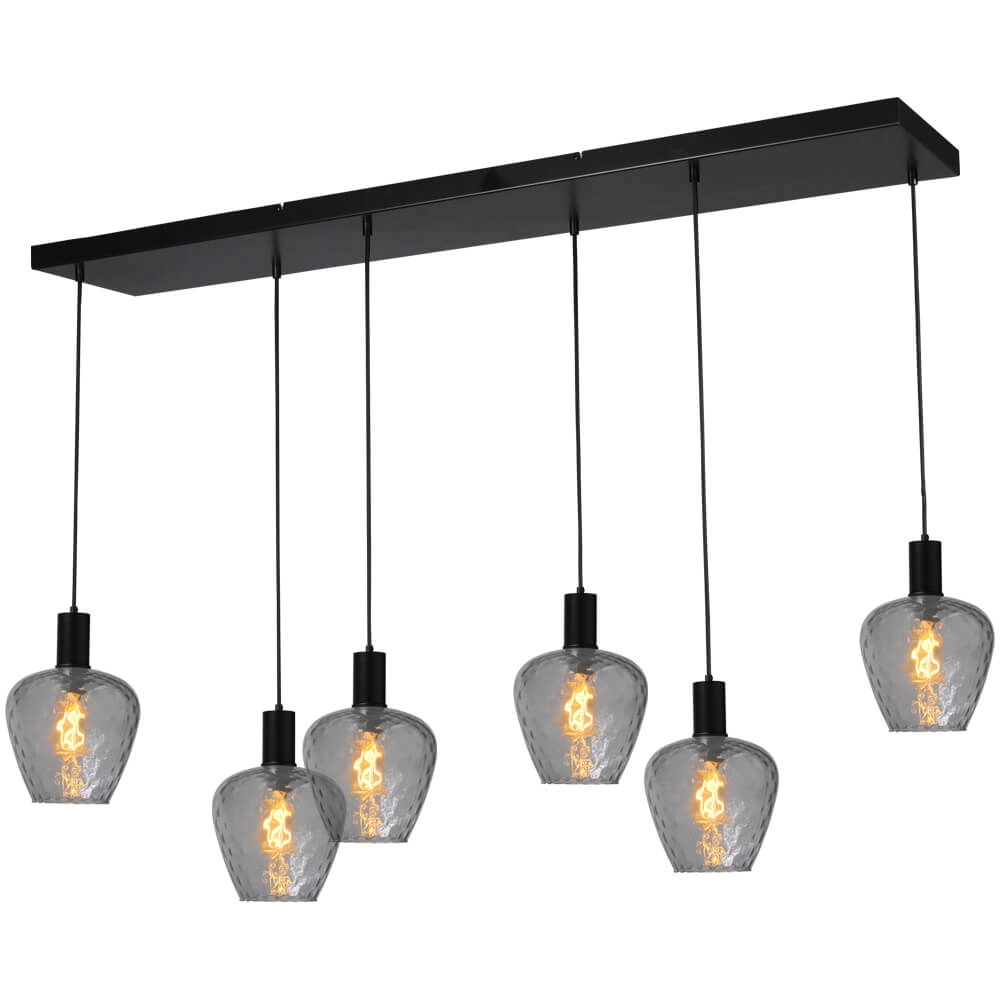 6-lichts hanglamp - zwart - Porto met Diamond smoke glazen 6-lichts hanglamp - zwart - Porto met Diamond smoke glazen