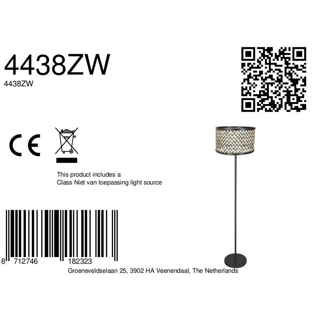 Zwarte vloerlamp Noor met rotan en zwarte kap Steinhauer 8712746182323