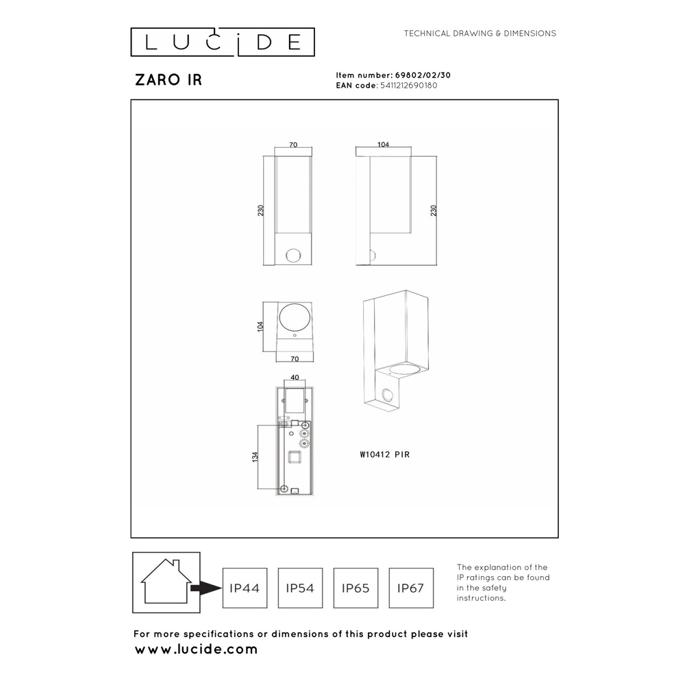 Design wandspot Zaro up & down zwart met sensor Lucide 5411212690180