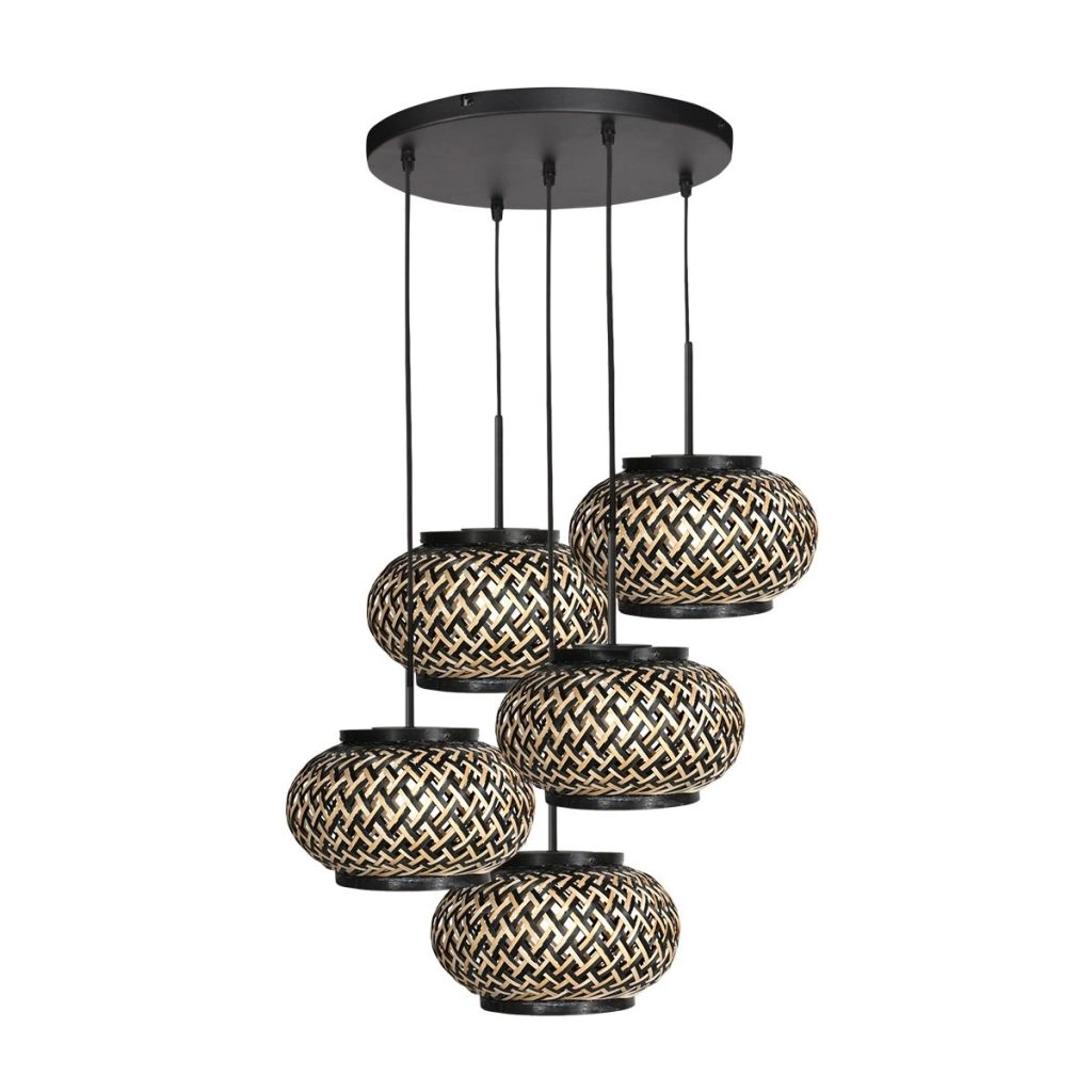 5-lichts hanglamp Nox Light met bamboe kappen Steinhauer 8712746183177