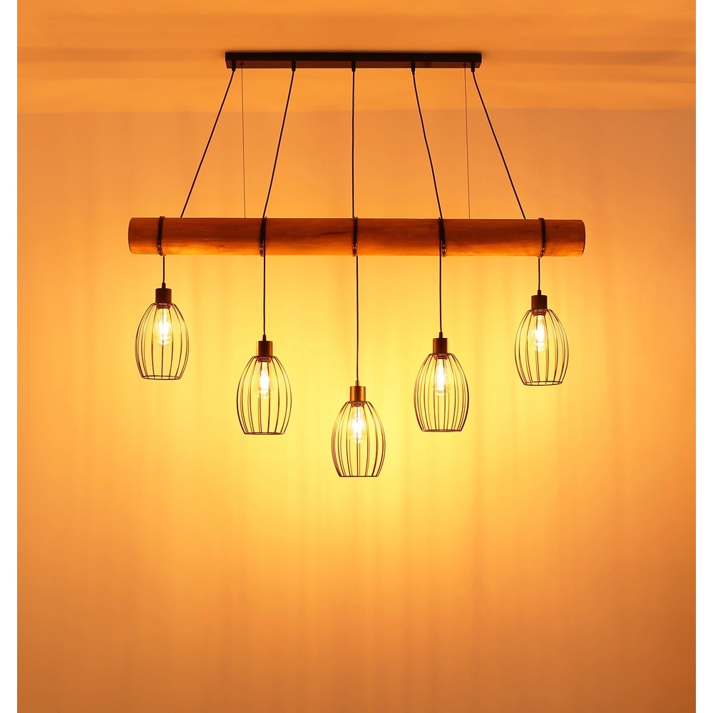 Landelijke hanglamp Berti 5-lichts hout met zwart Globo 9007371586325