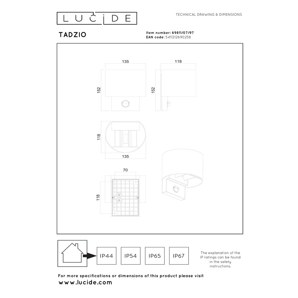 Ronde wandlamp Tadzio met sensor roestbruin Lucide 5411212690258