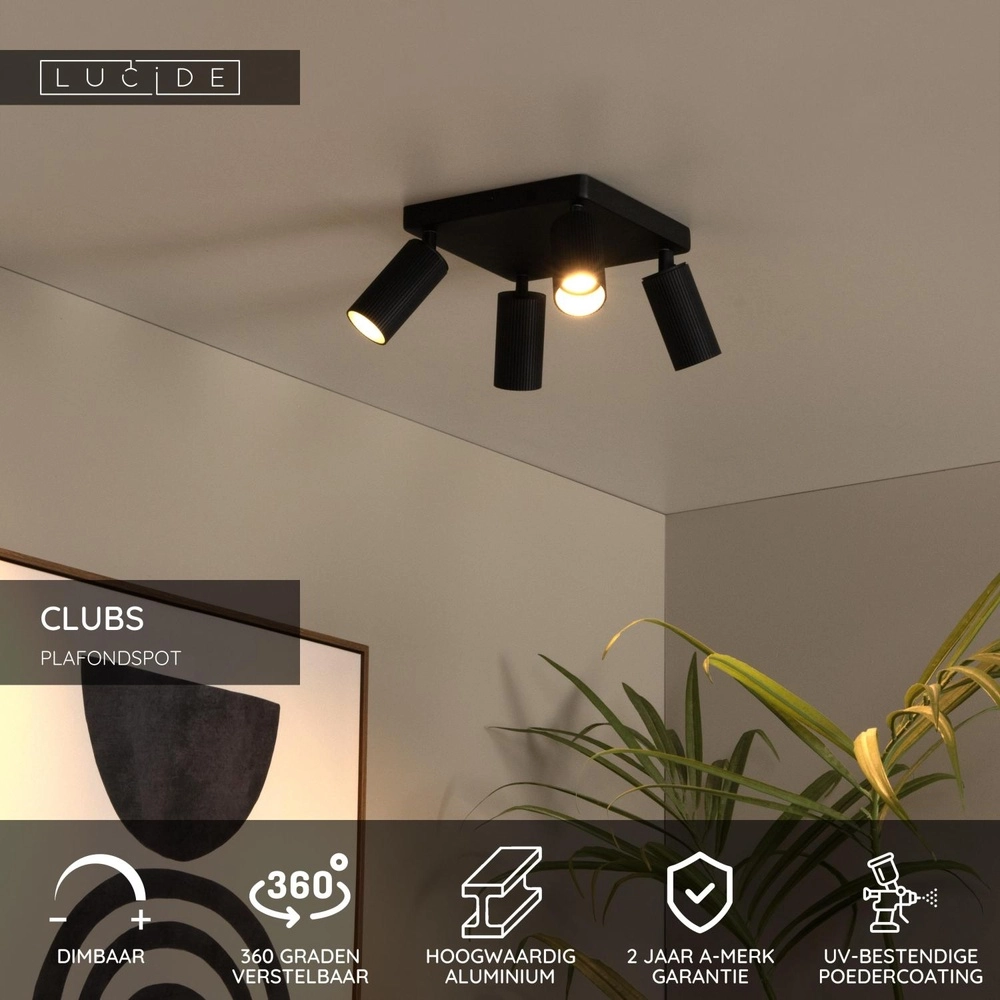 Opbouw plafondspot Clubs 4-lichts zwart Lucide 5411212093523