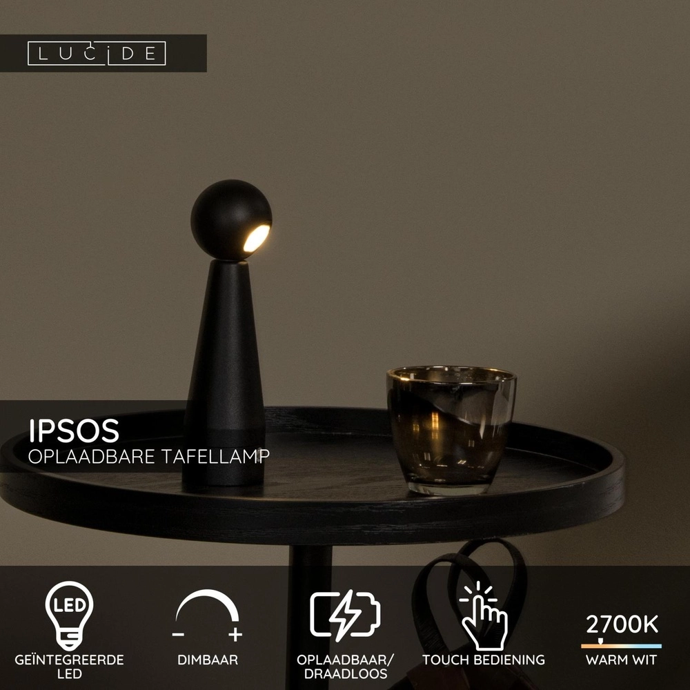 Oplaadbare tafellamp Ipsos zwart Lucide 5411212333964