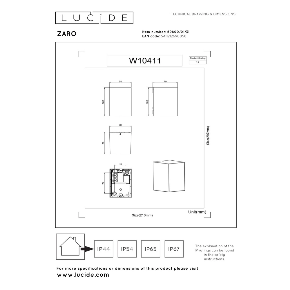 Design wandspot Zaro IP44 enkel wit Lucide 5411212690050