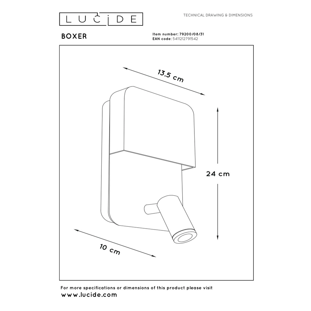 Bedlampje Boxer wit met USB oplaadpunt Lucide 5411212791542