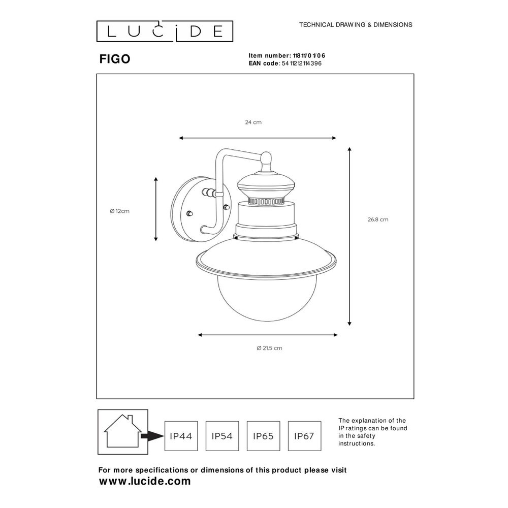 Klassieke wandlamp Figo zink Lucide 5411212114396