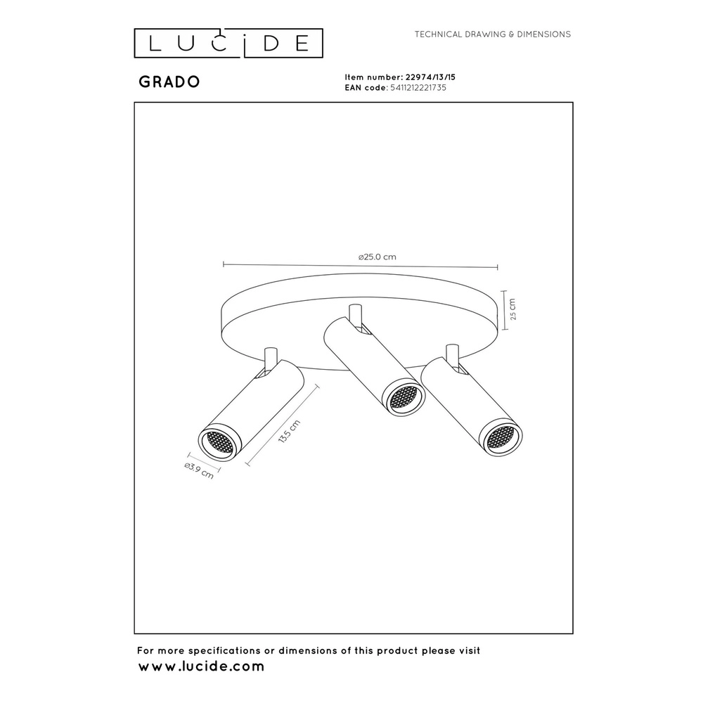 Strakke plafondlamp Grado 3-lichts metaalgrijs Lucide 5411212221735