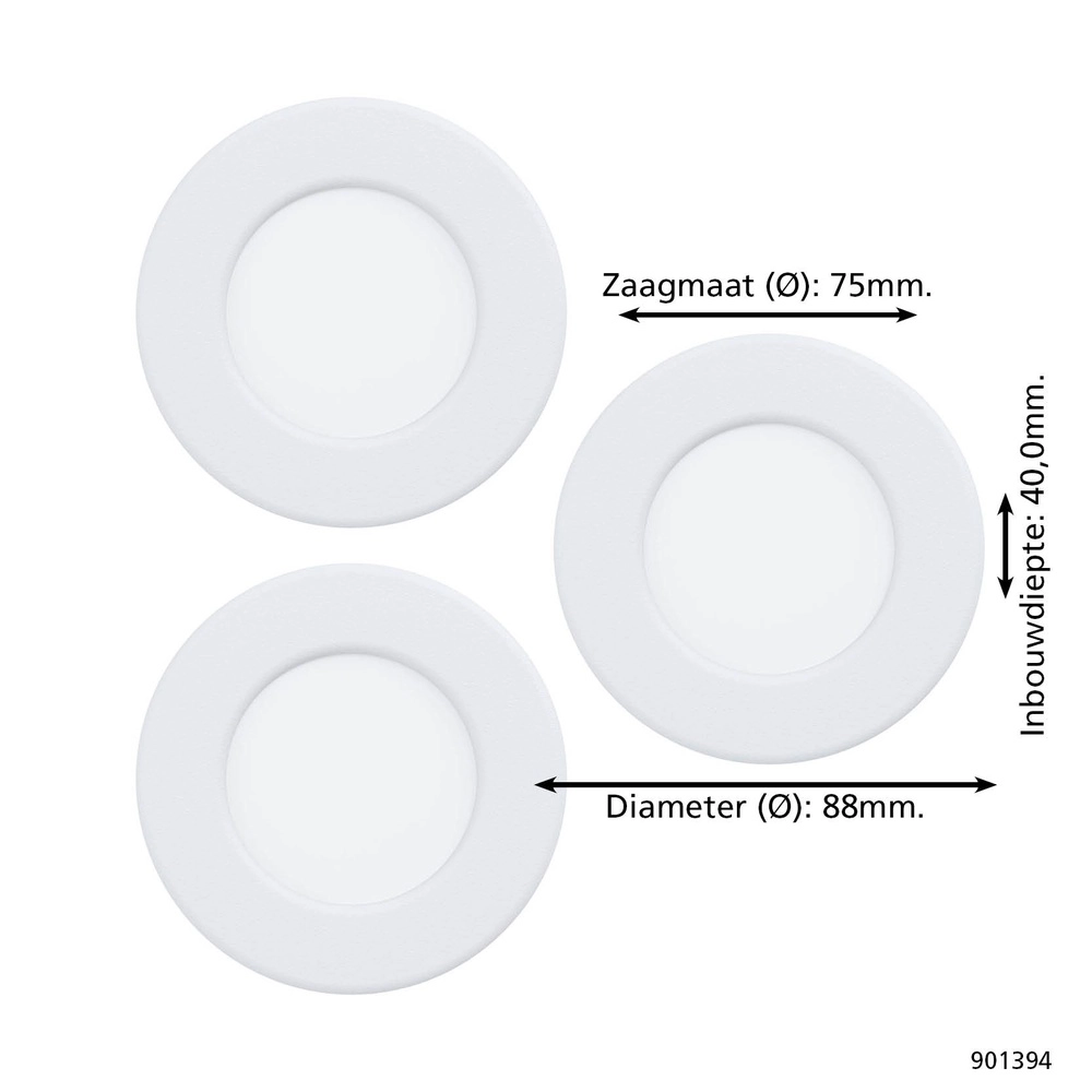 3x Inbouwspot Fueva 6 rond - wit - Ø 8,8cm Eglo 9008606330744