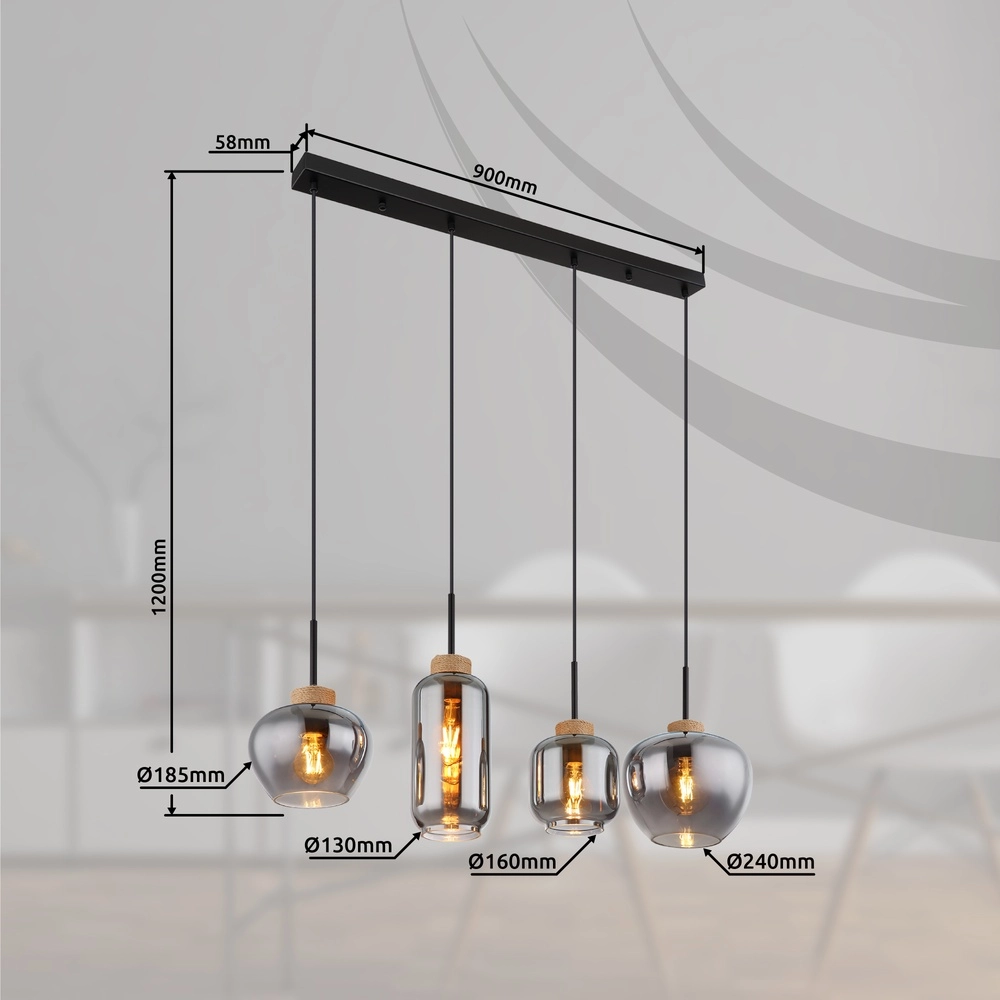 Design hanglamp Matt 4-lichts zwart met smoke glas Globo 9007371438518