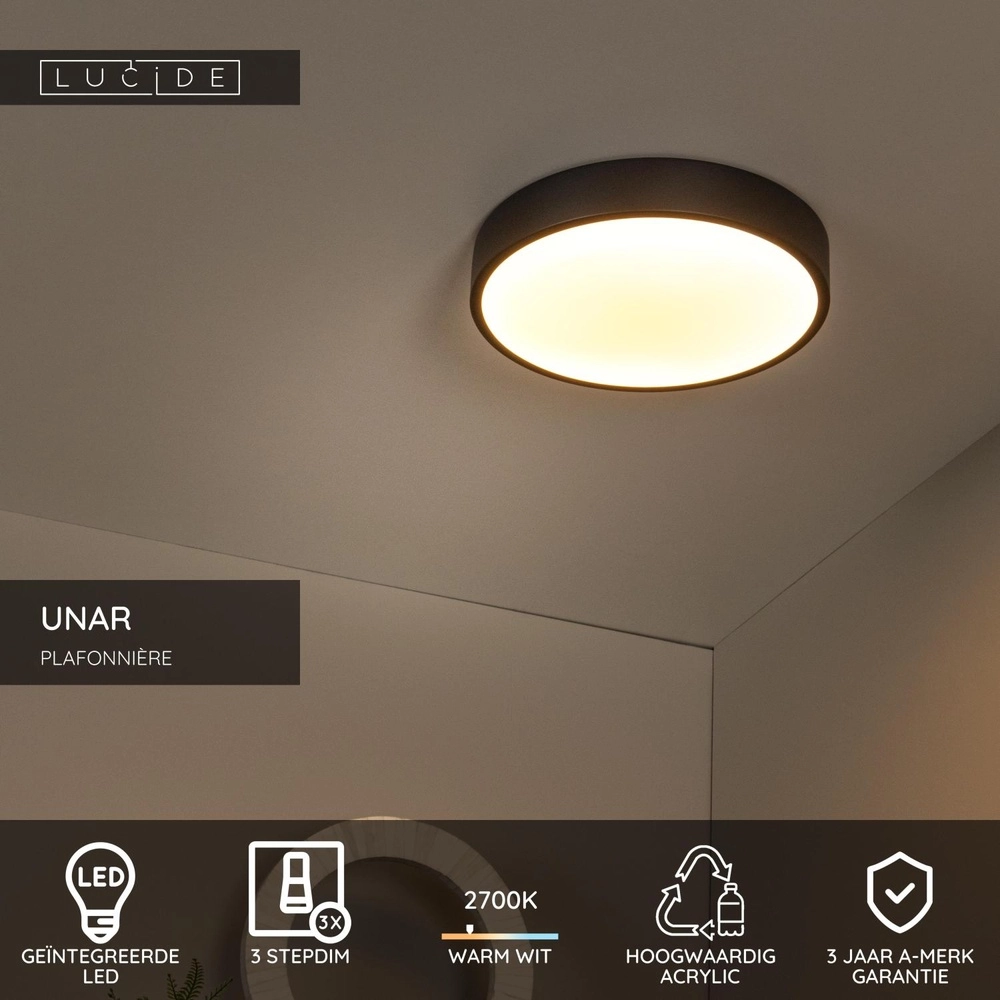 Plafonniere Unar Ø 30cm - 2700K - zwart Lucide 5411212791870