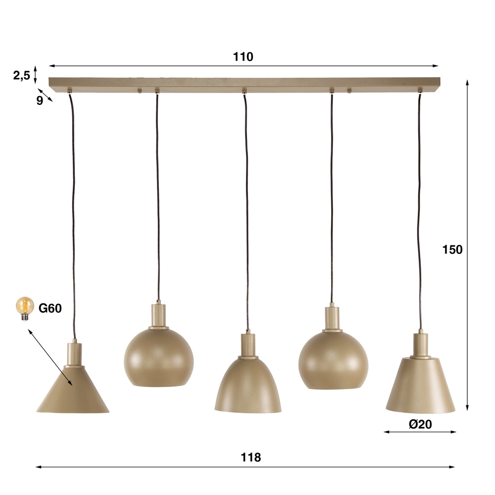 Zand hanglamp Metallo eettafel - 5x E27 Lyora 8716803512320