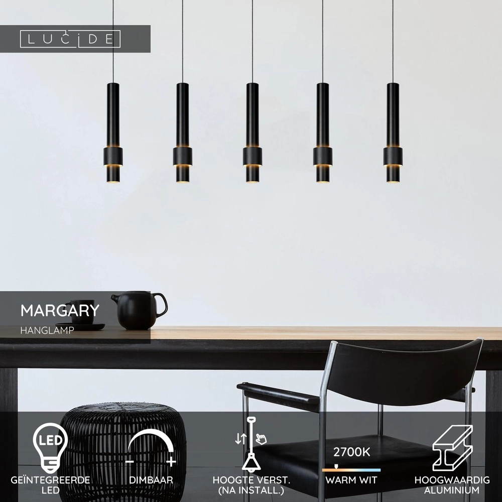 Strakke hanglamp Margary 5-lichts zwart Lucide 5411212241917