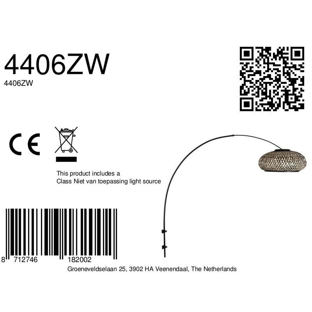 Wandlamp boog Sparkled Light rotan en zwarte kap Steinhauer 8712746182002