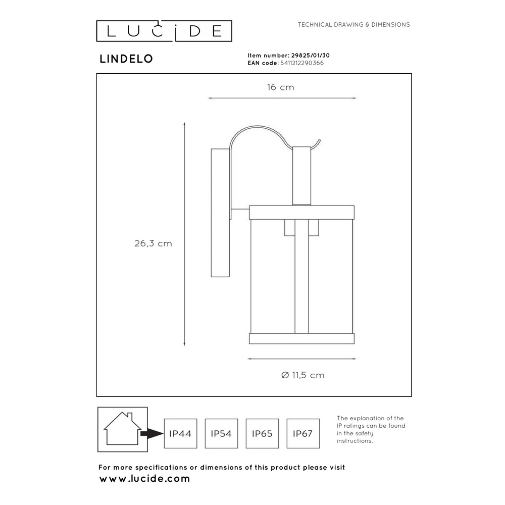 Zwarte wandlamp Lindelo IP23 Lucide 5411212290366