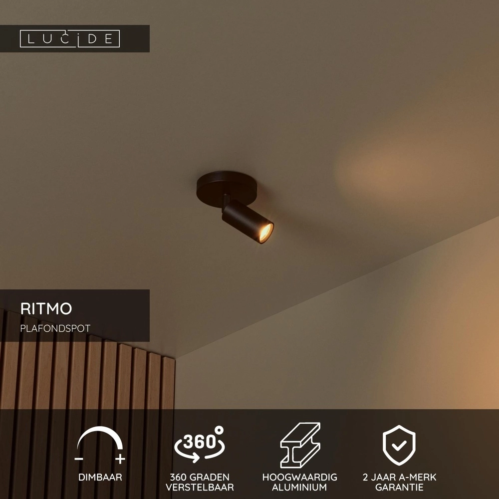 Plafondspot Ritmo mini GU10 zwart Lucide 5411212093943