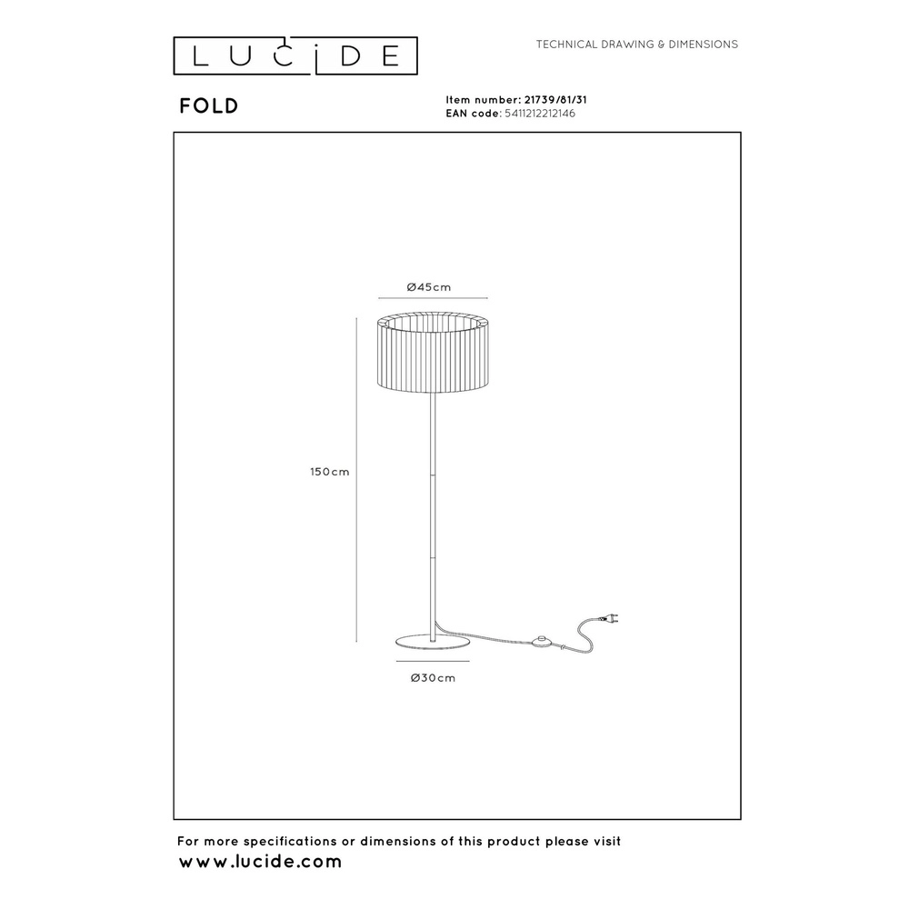 Design vloerlamp Fold Ø 45cm x 150cm Lucide 5411212212146