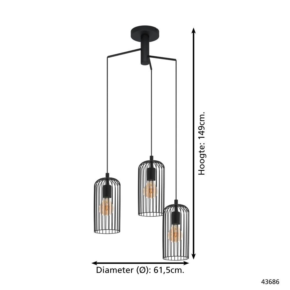 3-lichts hanglamp Roccamena 1 zwart Eglo 9002759436865
