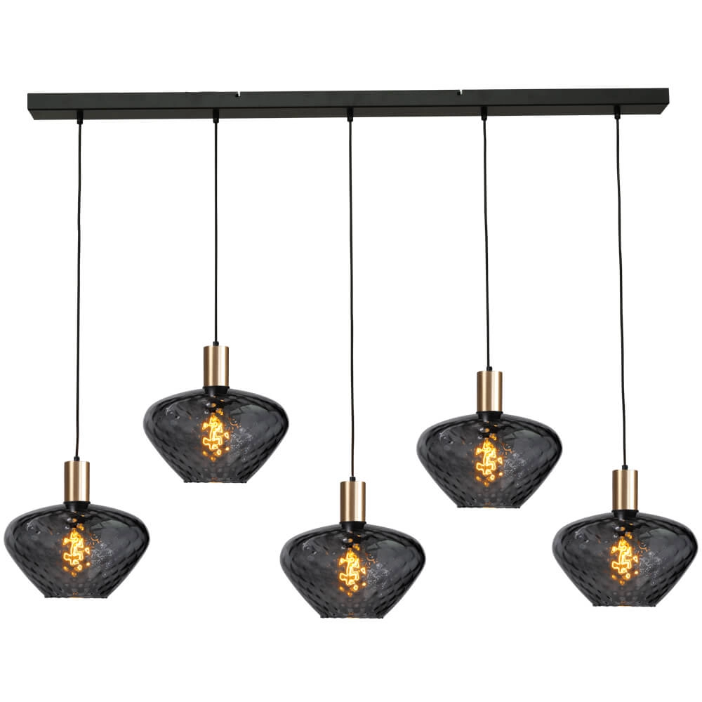5-lichts hanglamp - goud - Porto met Blossom clear glazen 5-lichts hanglamp - goud - Porto met Blossom clear glazen