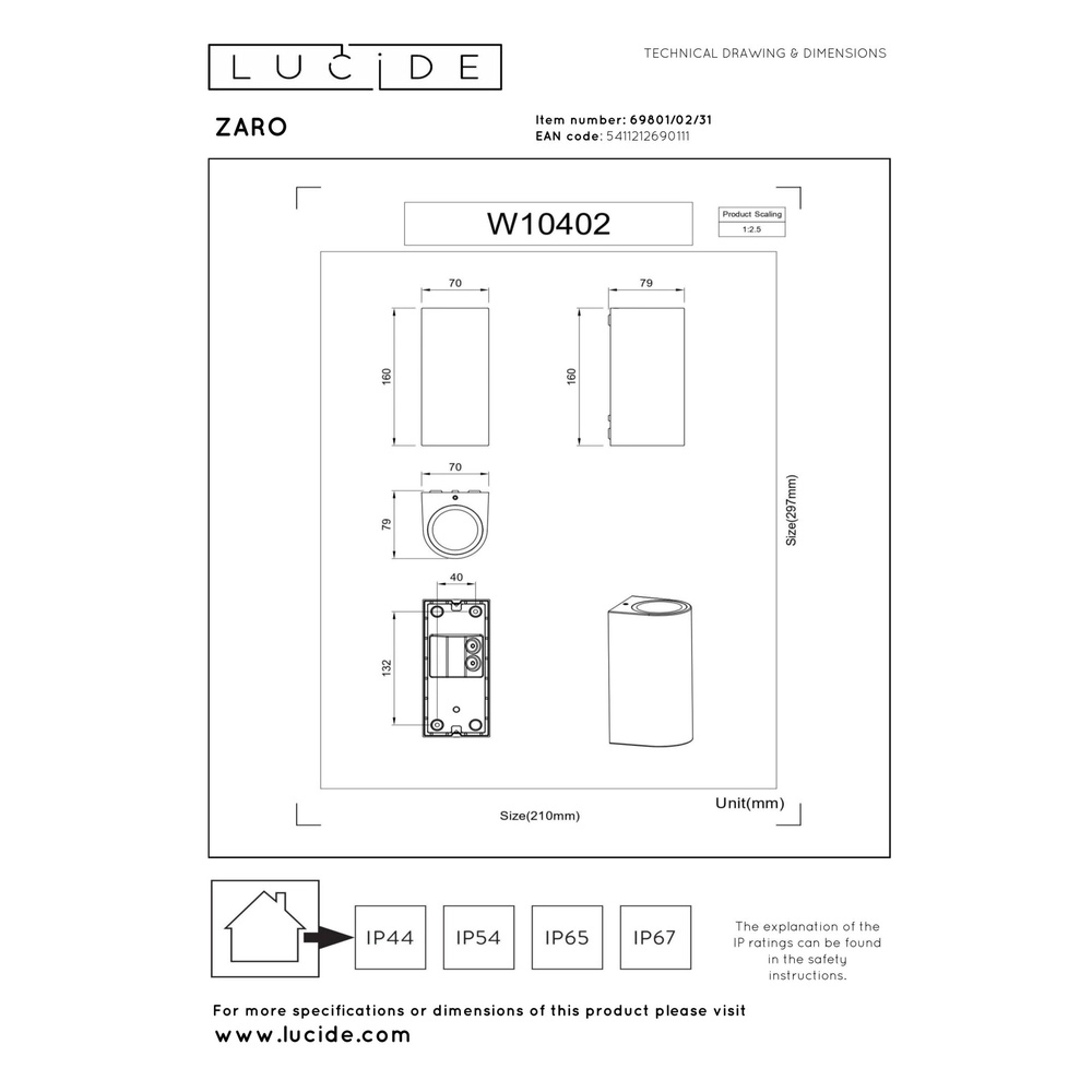 Wandspot Zaro IP44 up & down wit Lucide 5411212690111