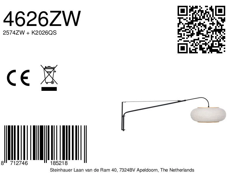 Wandlamp zwart Silva Alba met witte kap Ø60cm Steinhauer 8712746185218