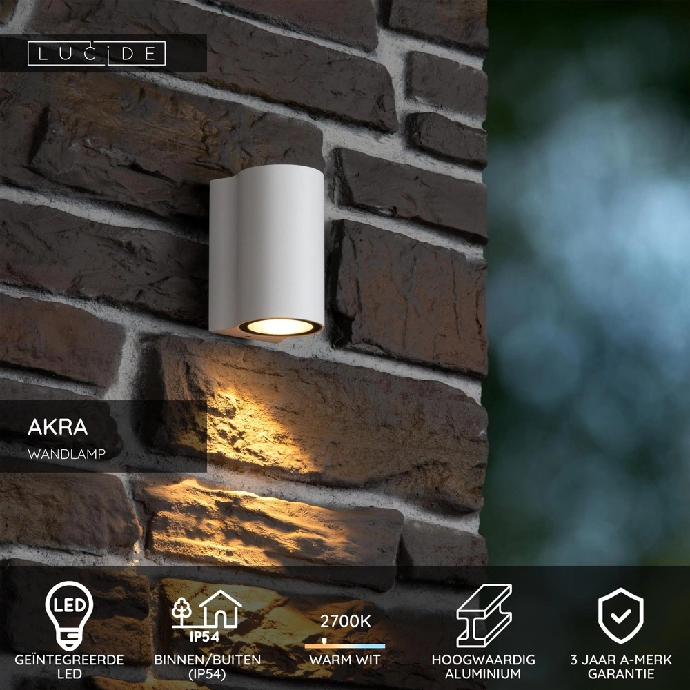 Design wandlamp Akra down wit IP54 Lucide 5411212334039