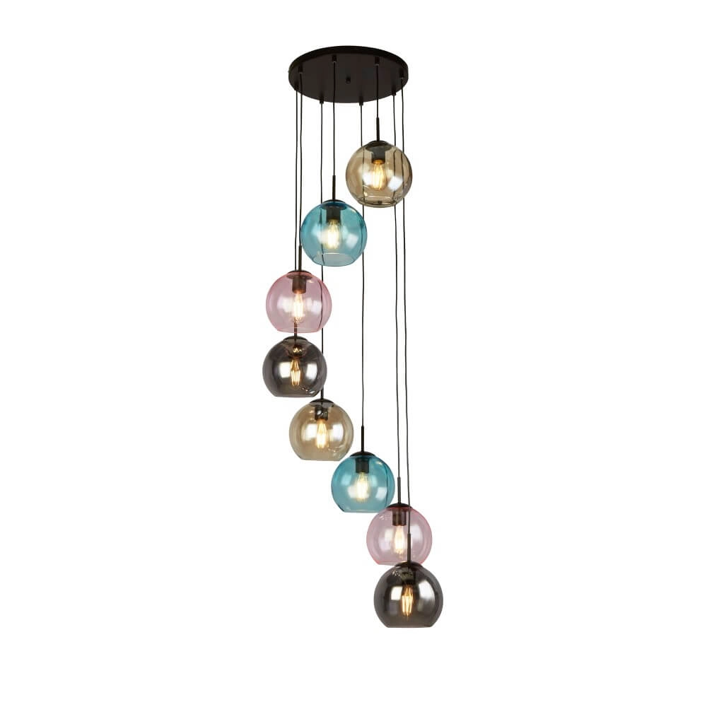8-lichts hanglamp Mardi Gras II met meerder kleuren glas Searchlight 5053423243184
